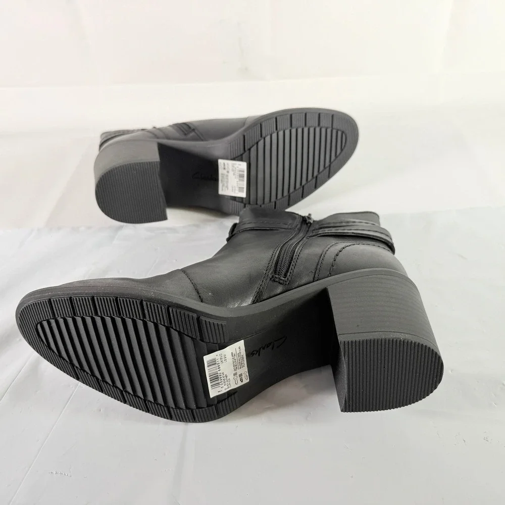 Clarks Scene Star Black Leather Ankle Boots‎ Straps Block Heel Women's Size 9M